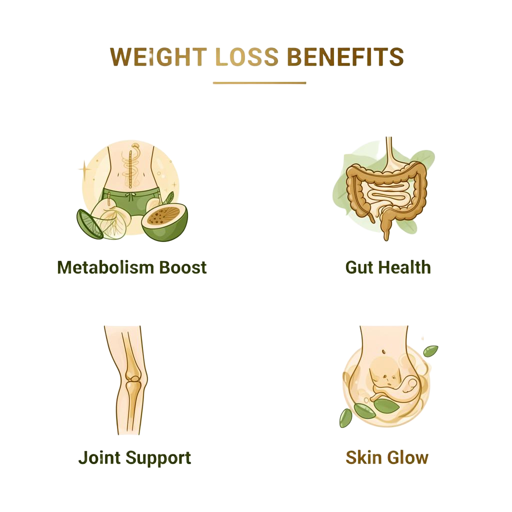 Weight loss benefits infographic showing metabolism boost, gut health, joint support, and skin glow