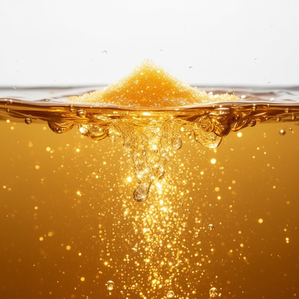 Gelatin supplement dissolving in water with golden particles