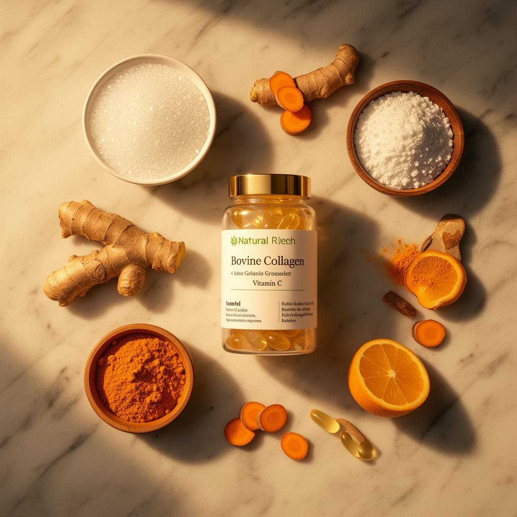 Natural ingredients including bovine collagen, turmeric, and vitamin C arranged on marble