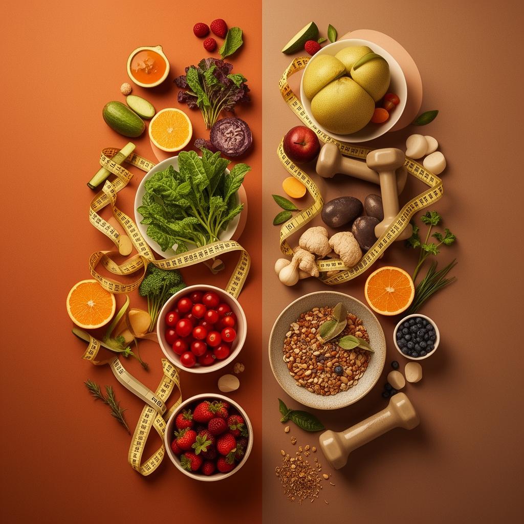 Healthy weight loss transformation concept with nutritious food and fitness elements